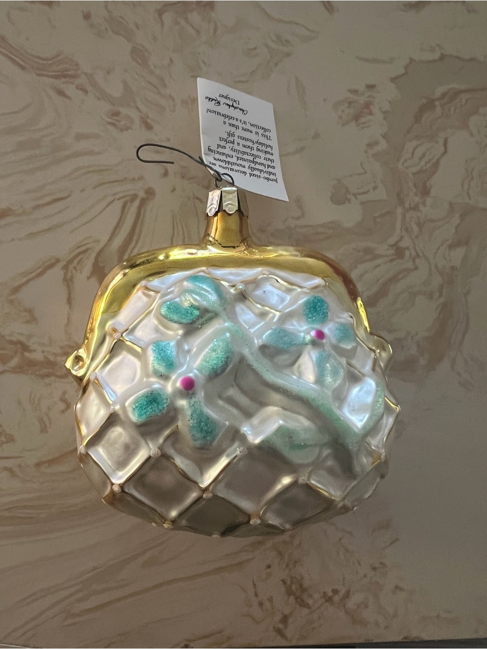 Glass Holiday Ornament with Gold Trim and Mint Floral Accents